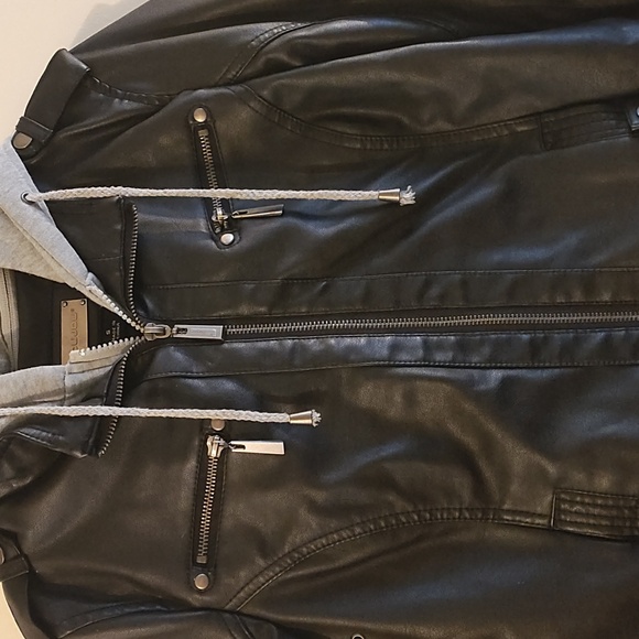 Women's Black Faux Leather Jacket with Gray Hoodie - Picture 5 of 10